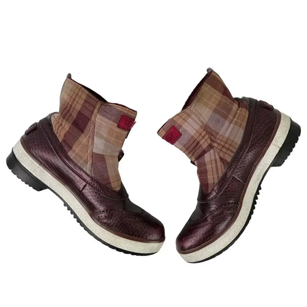 UGG Plaid Marrais Double Buckle Waterproof Lined Leather Upper Boots Womens 7